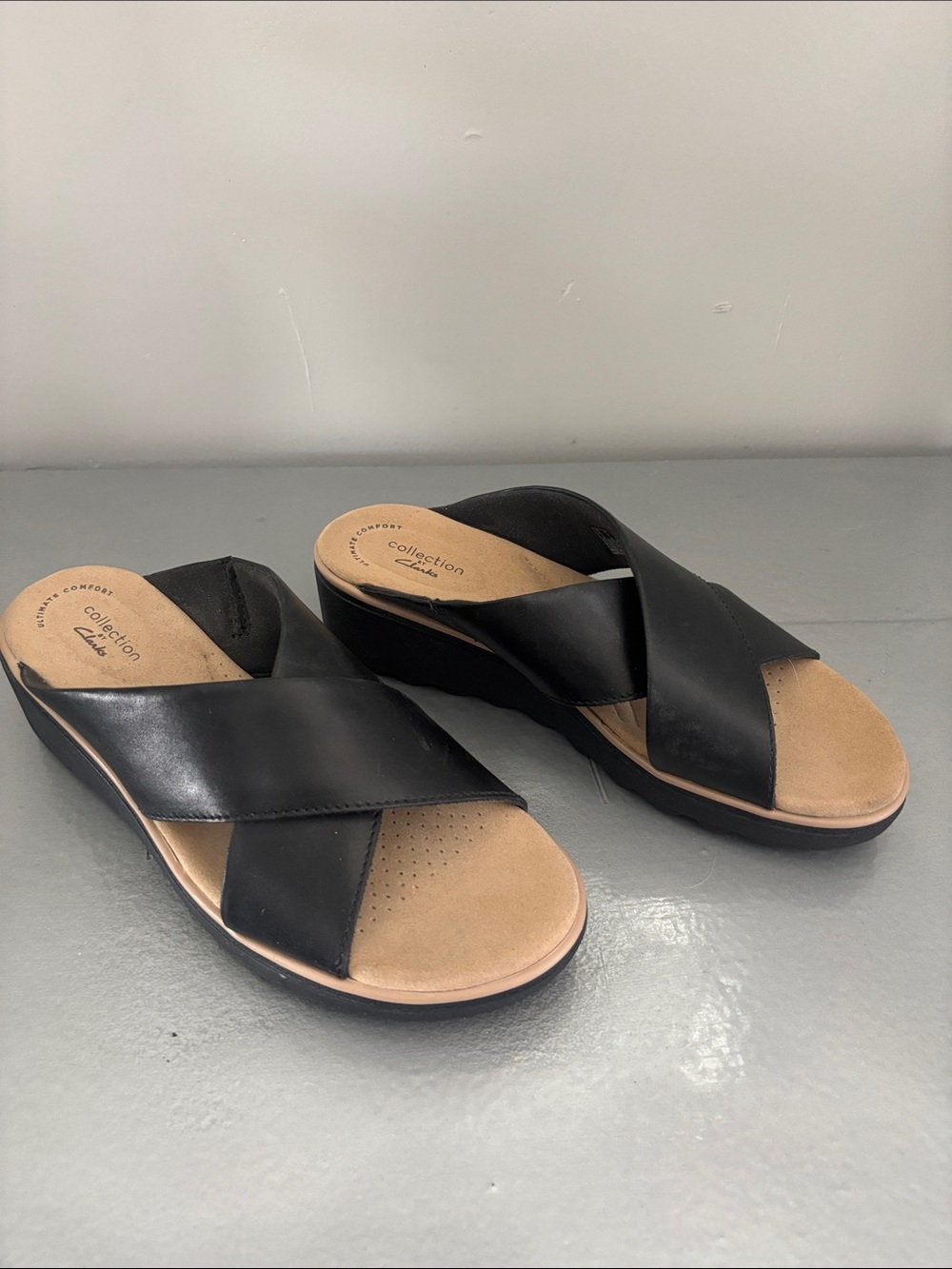 Clarks Black Crisscross Wedge Mules